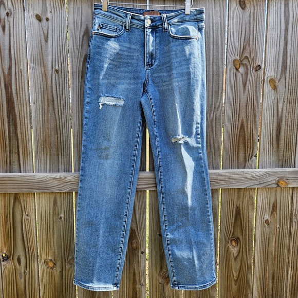 Judy Blue Denim - Judy Blue Dad Jeans High Rise Distressed Straight Leg Medium Wash JB88859 9/29
